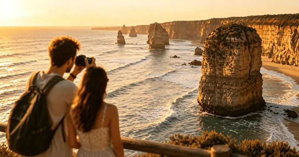Two visitors seen from behind looking over the Twelve Apostles at sunset