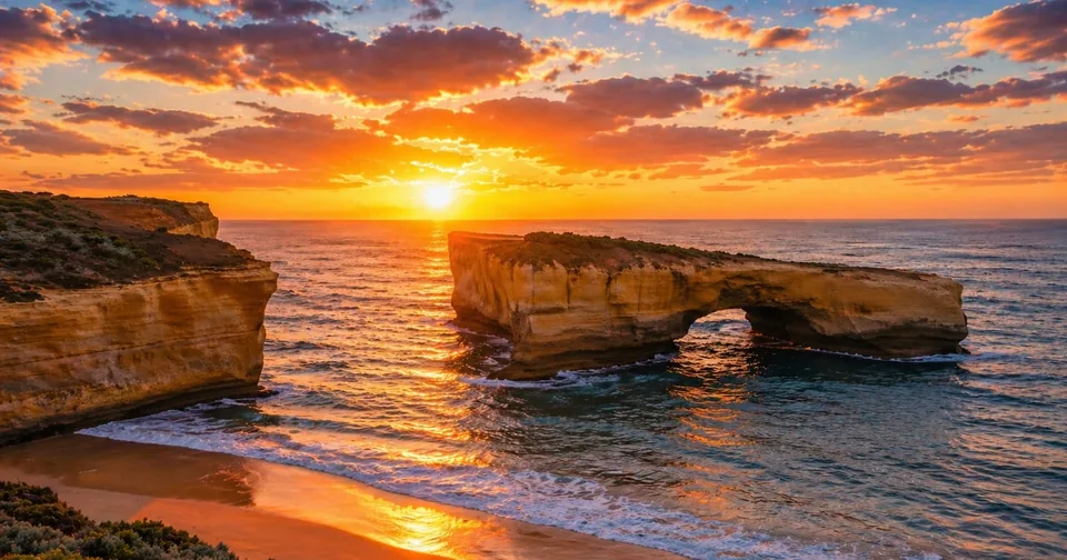London Bridge, a limestone arch standing alone in the sea, at sunset
